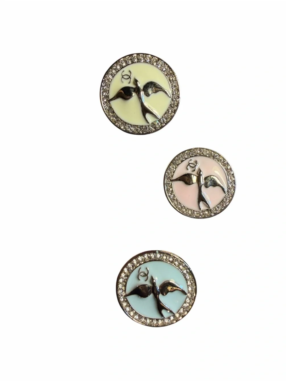 CHANEL Pastel Trio Enamel Swallow Buttons in Yellow, Pink & Mint